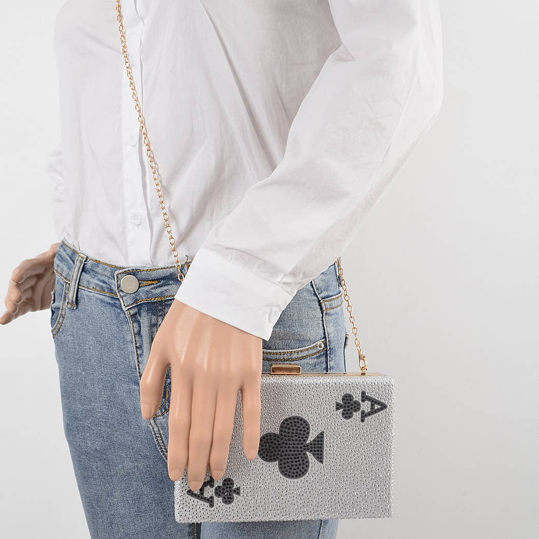 ace of clubs bedazzled purse clutch on model