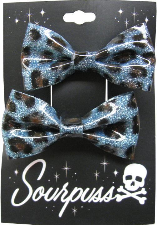 Hair Bow Clips Blue Leopard