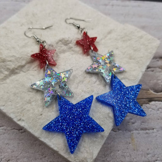 4th of July Confetti Star Dangle Earrings Up Close