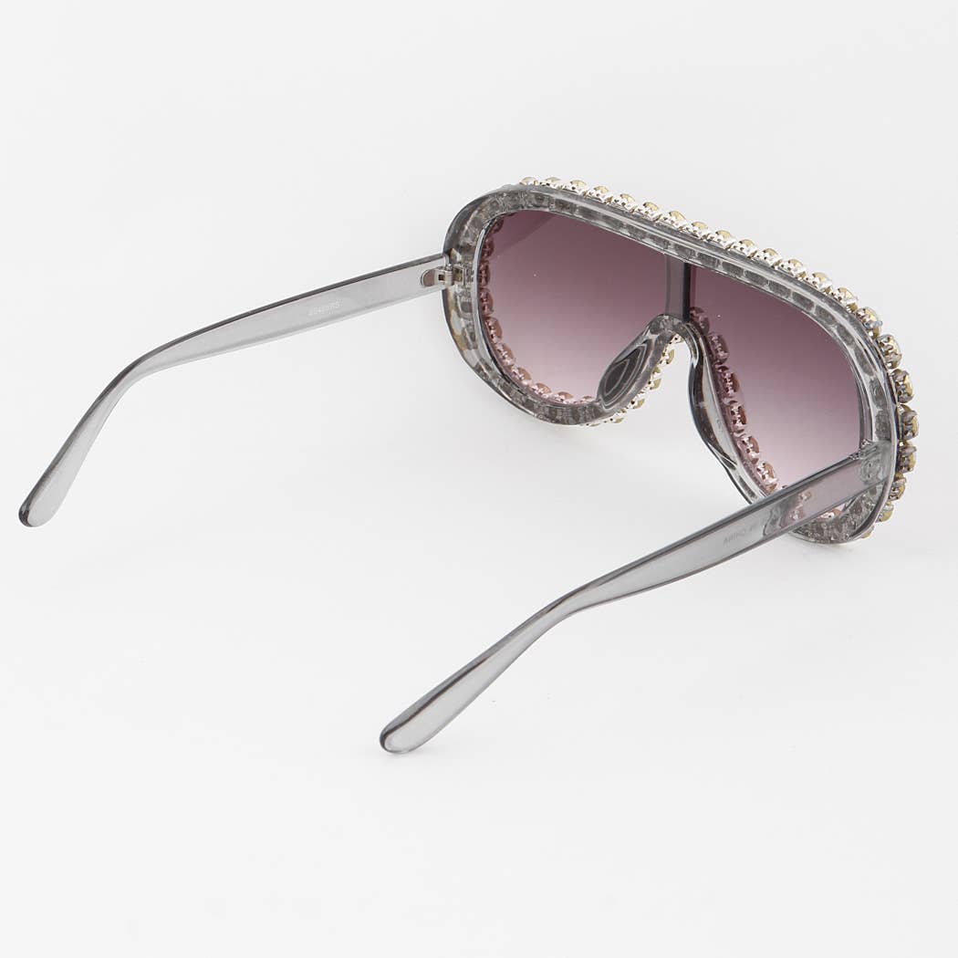 Straight Rhinestone Shield Sunglasses Grey Back