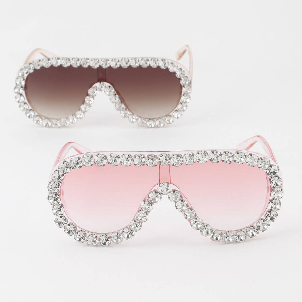 Straight Rhinestone Shield Sunglasses Pink and Beige Front