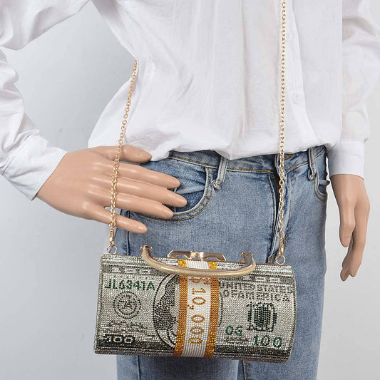 Rolled Rhinestone Money Purse on Model