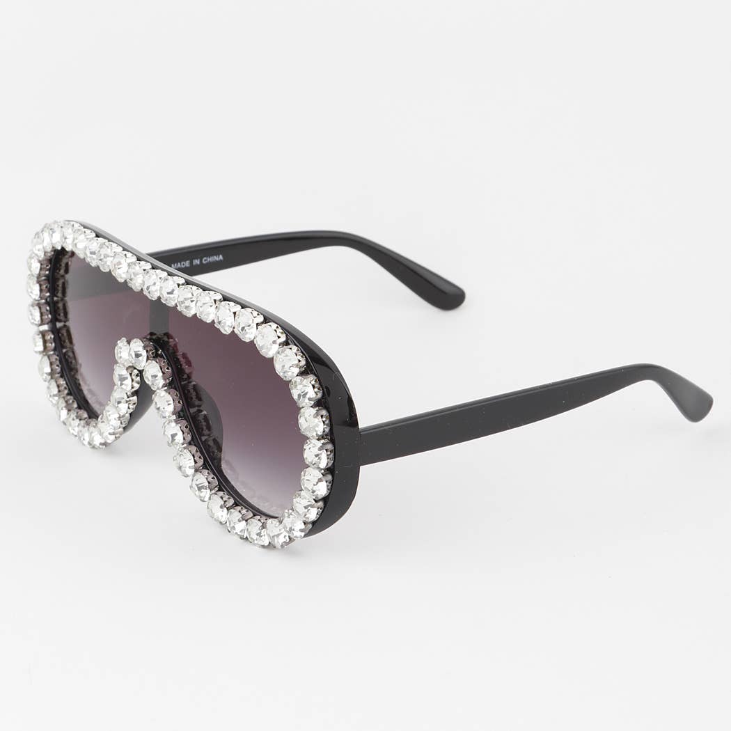 Straight Rhinestone Shield Sunglasses Black Side