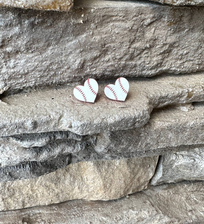 Baseball Heart Stud Earrings Facing Left