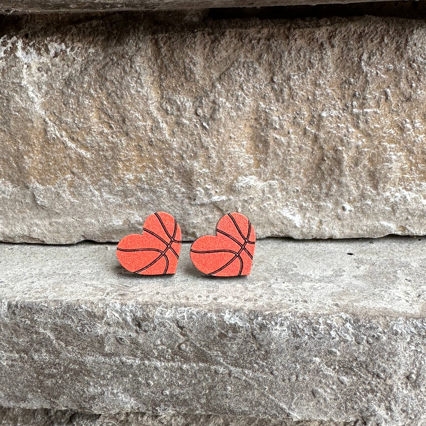 Basketball Heart Stud Earrings Stone Background