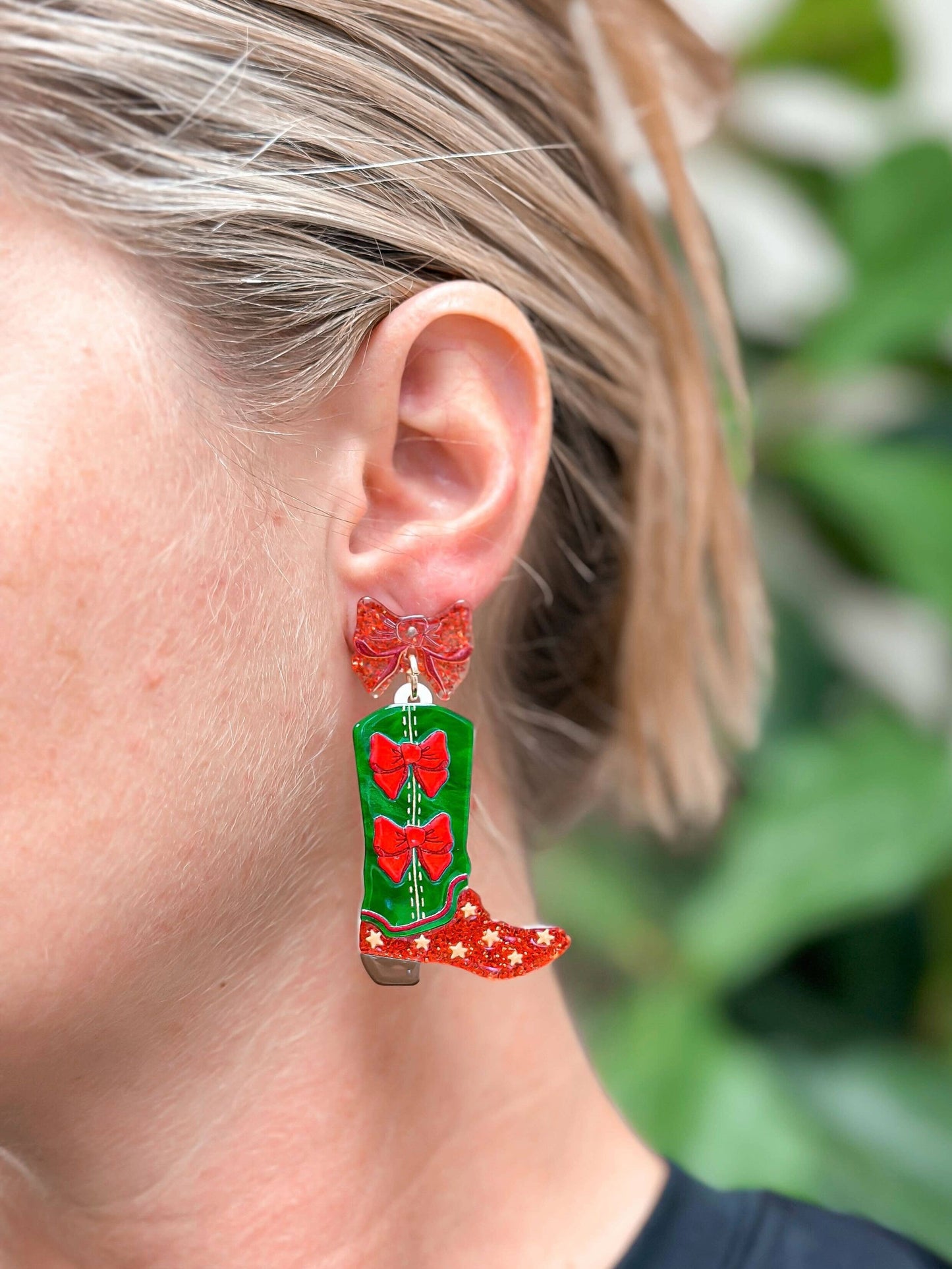 Christmas Cowboy Boot Earrings on Model