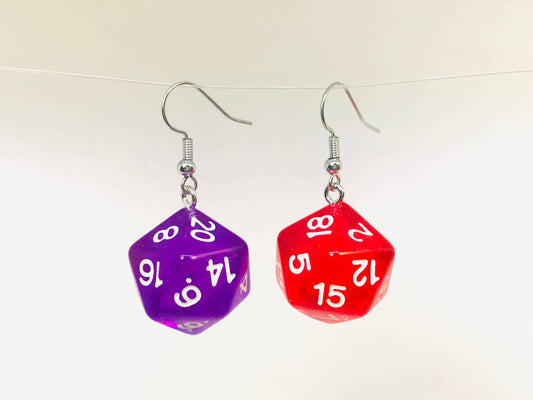 D20 Dice Earrings Purple  and Red Transparent