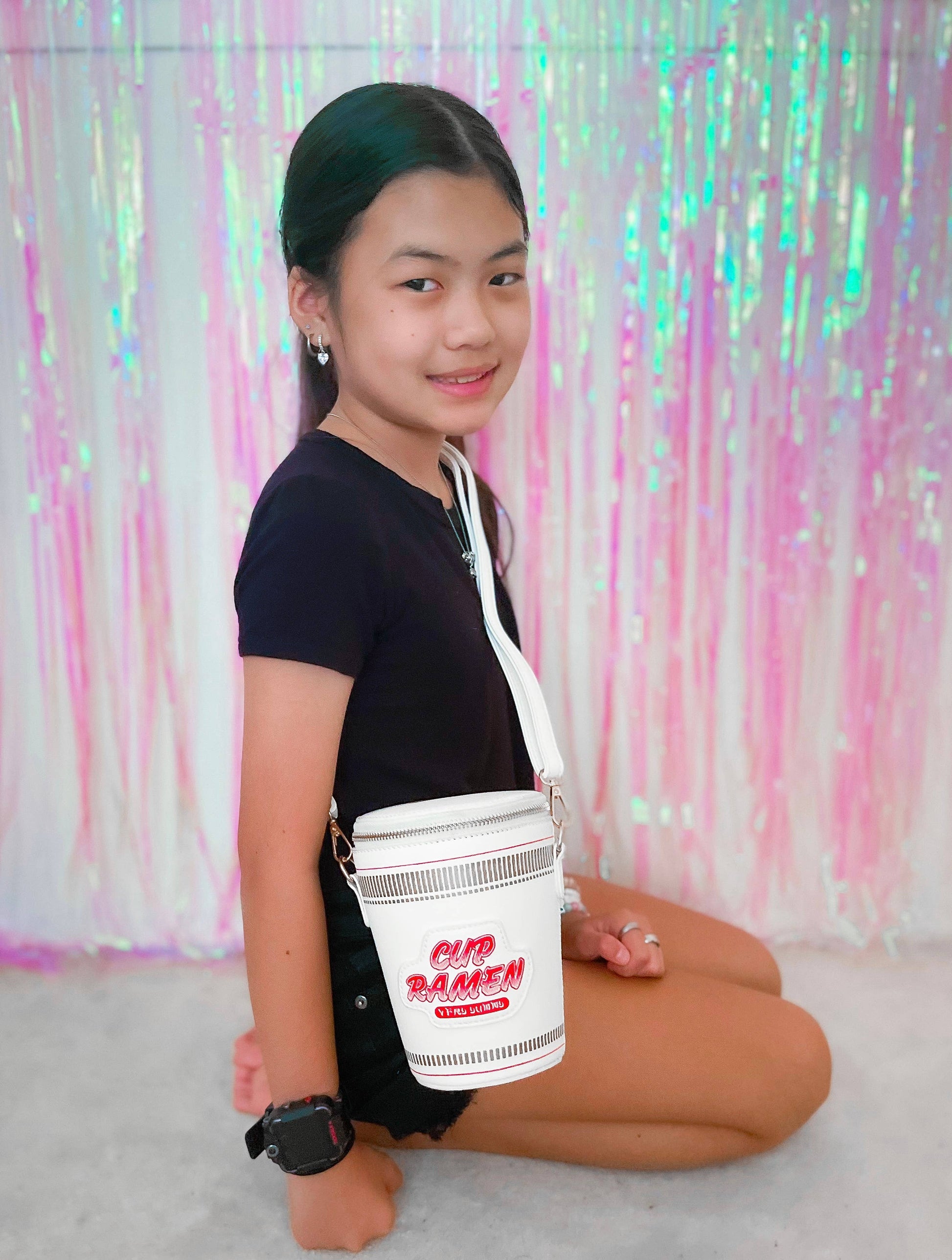 Girl Holding Cup of Noodles Purse Crossbody