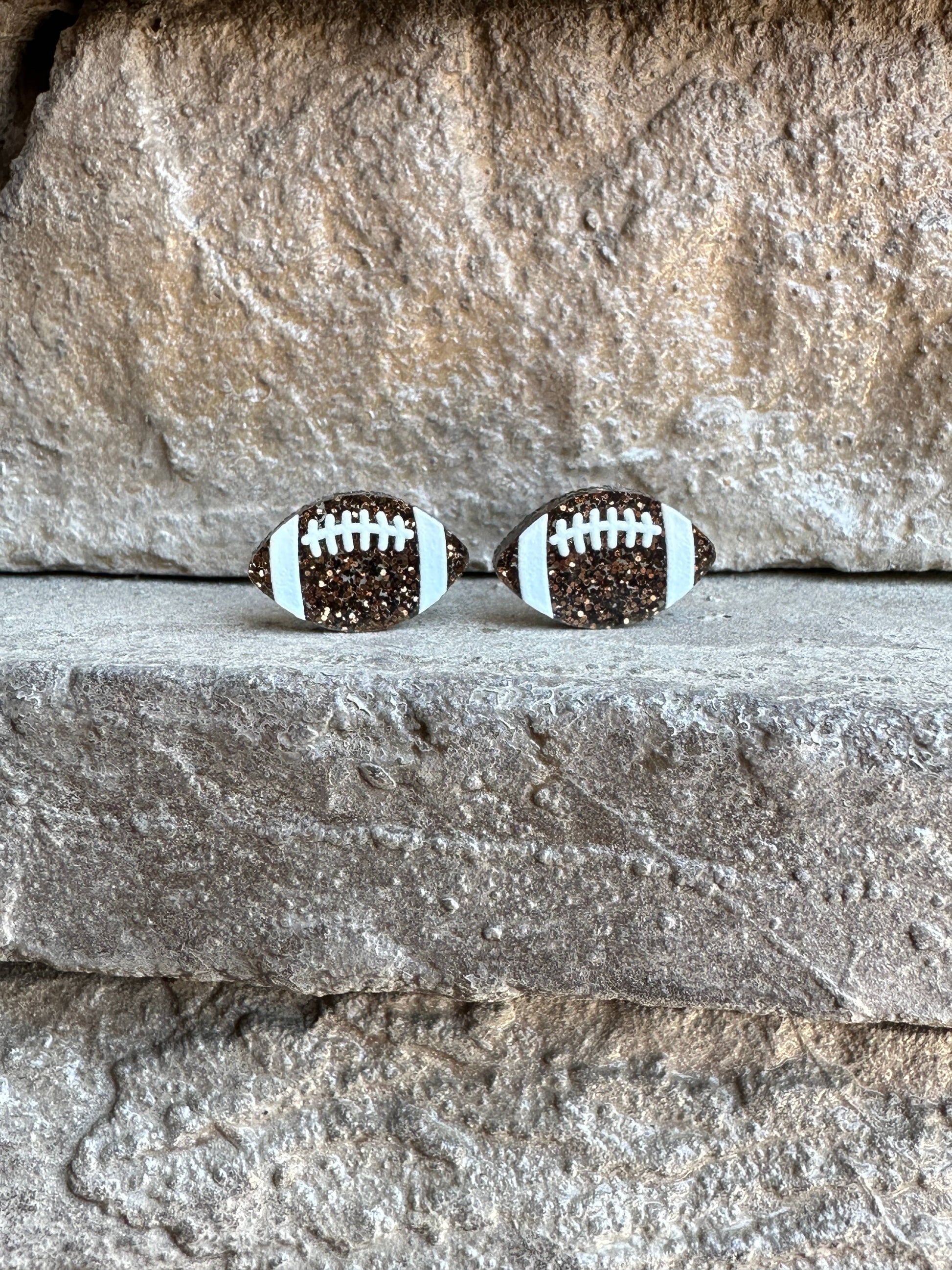 Glitter Football Stud Earrings Brown