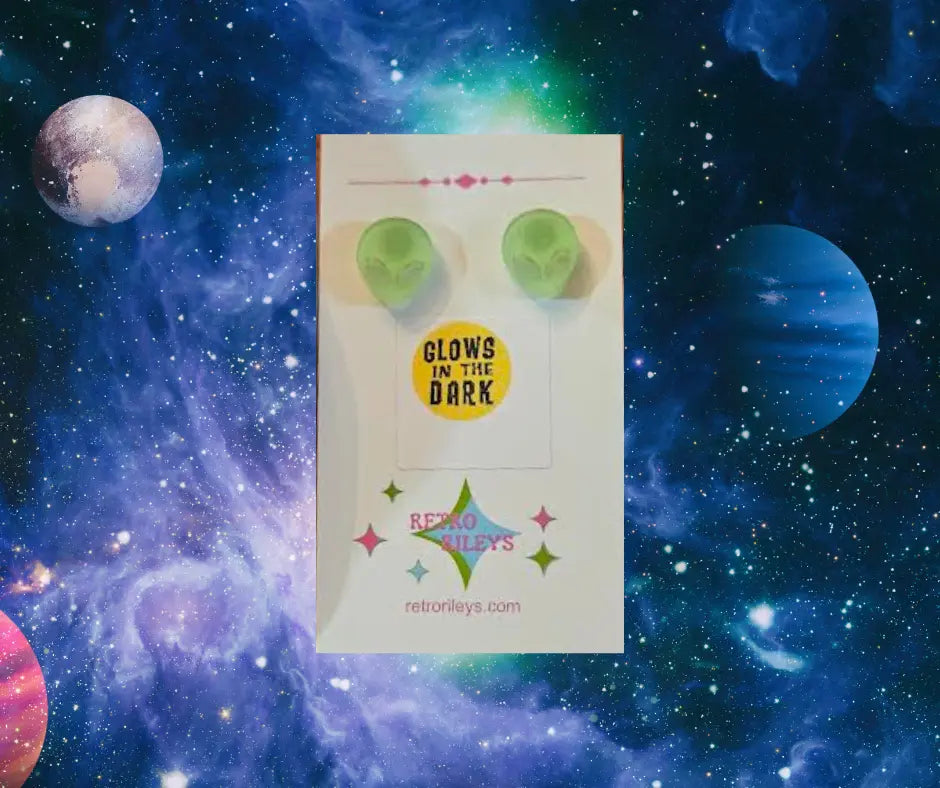 Glow-In-The-Dark Alien Stud Earrings W/ Glow in the Dark Sticker