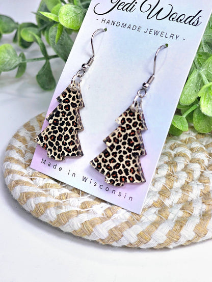 Leopard Print Christmas Tree Earrings Angled Left