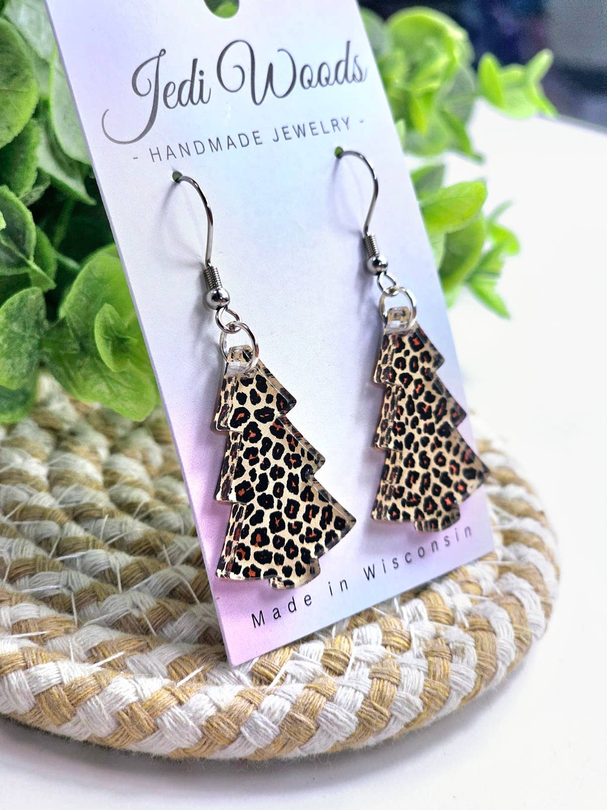 Leopard Print Christmas Tree Earrings Angled Right