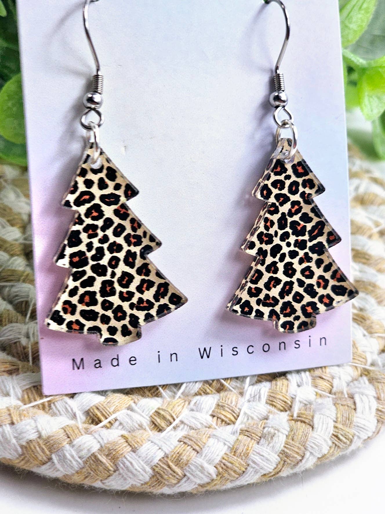 Leopard Print Christmas Tree Earrings Up Close