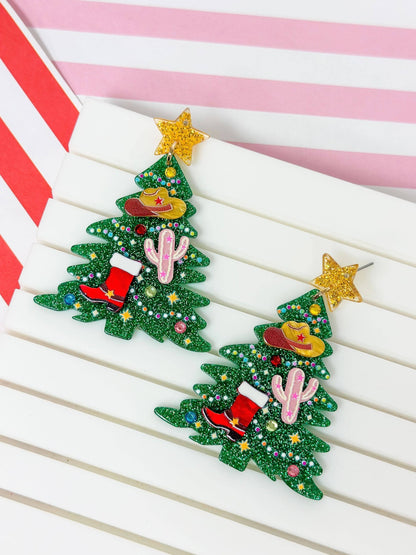 Pink Cactus Christmas Tree Earrings