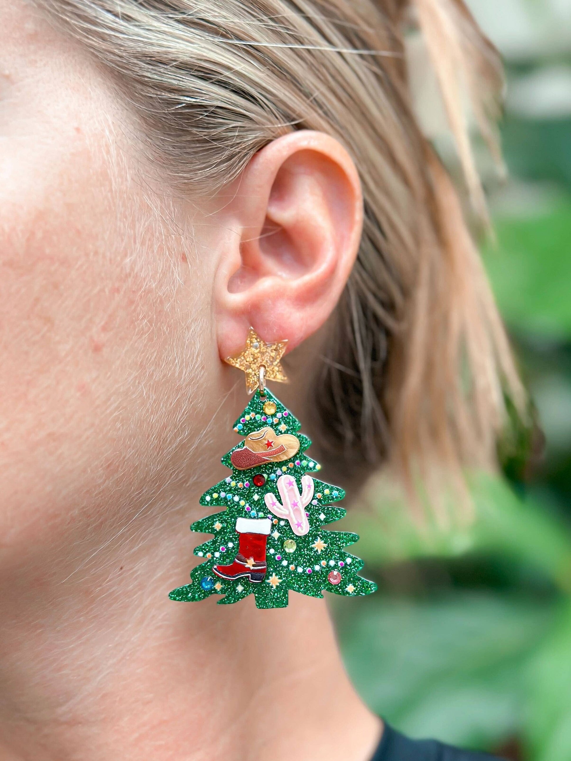 Pink Cactus Christmas Tree Earrings on Model