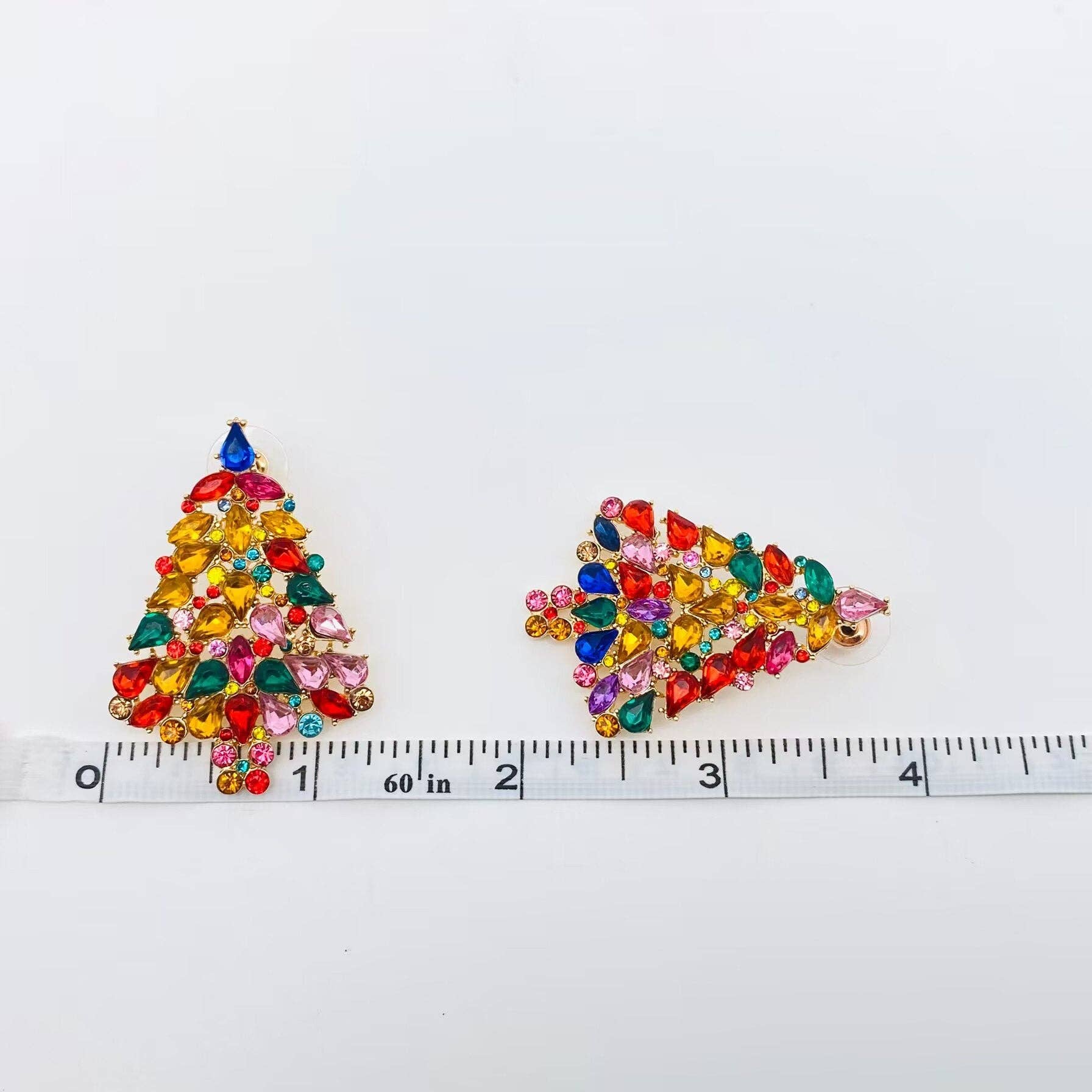 Rainbow Jeweled Christmas Tree Earrings Measurement