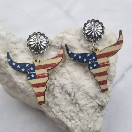 Patriotic Longhorn Wooden Earrings