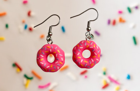 Pink Donut Earrings up close
