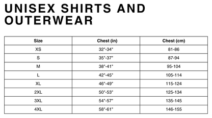 Heartweb Long Sleeved Shirt Sizing Chart