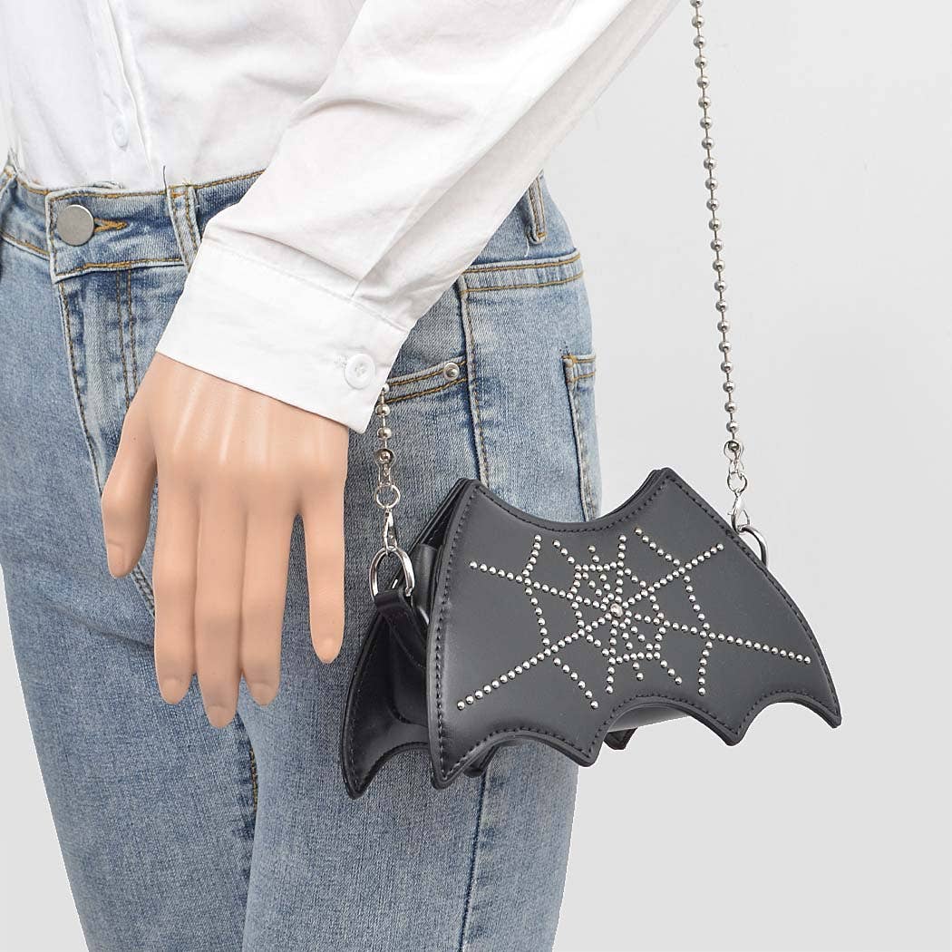 Studded Black Bat Purse on Model