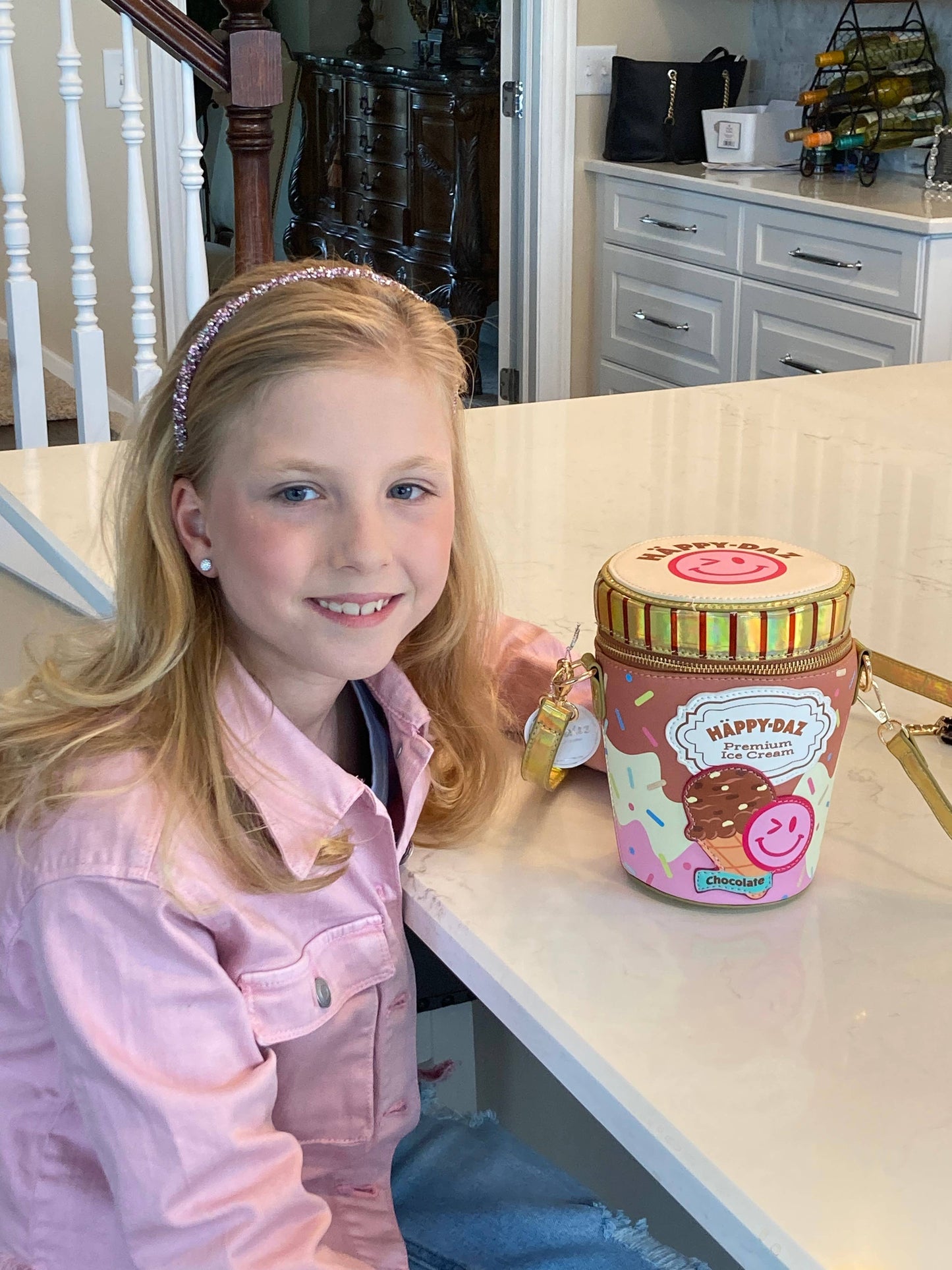 Girl Model with Happy Daz Ice Cream Tub Purse