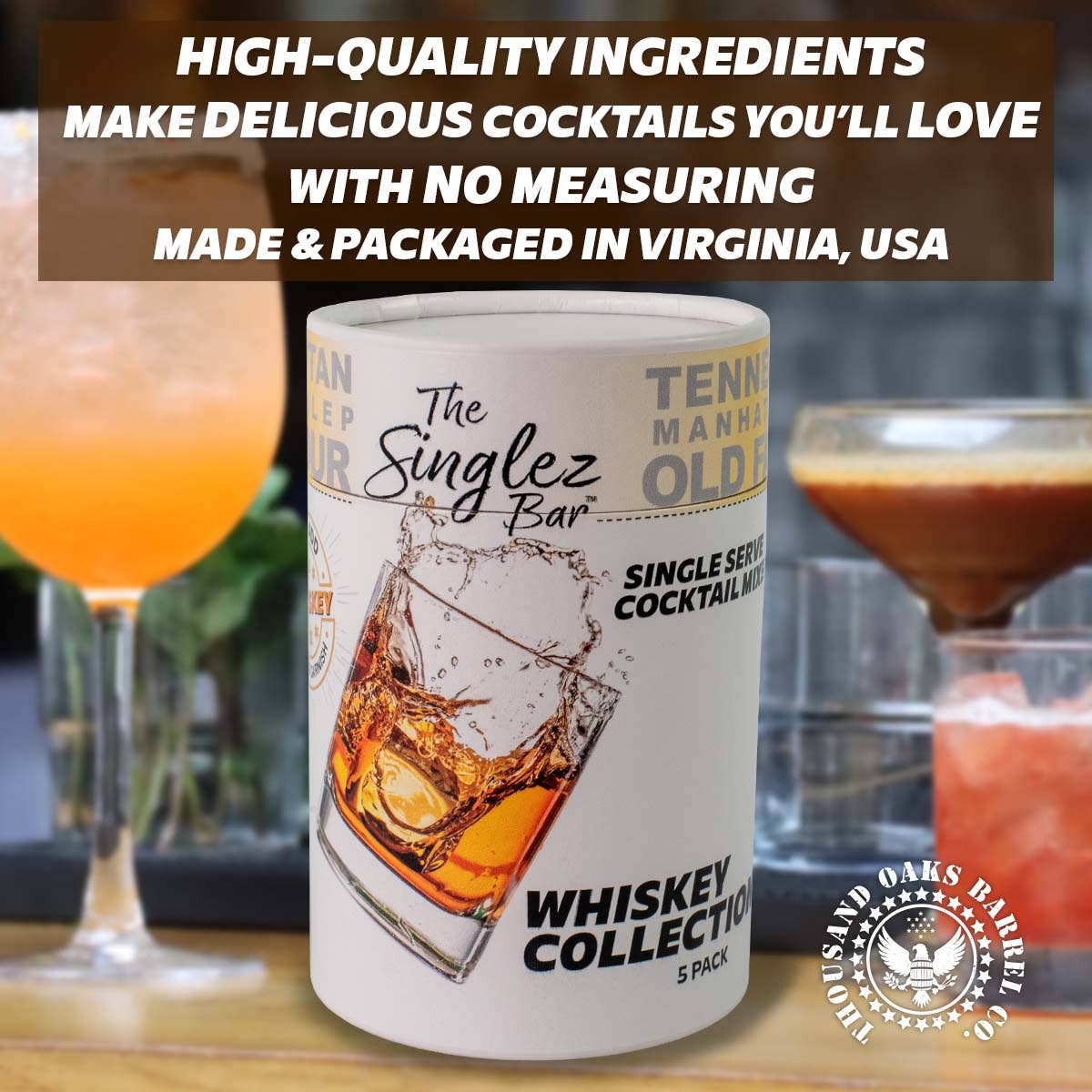 Singlez Bar Whiskey Collection (5-Pack) Single Serve Mixers Packed in Virginia