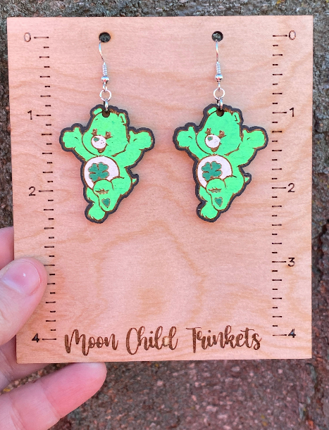 Wooden Care Bear Earrings