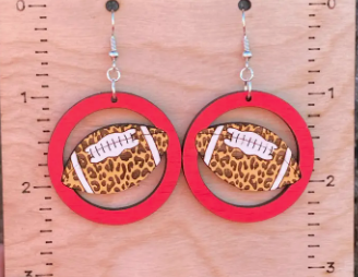 Red Leopard Football Wooden Earrings