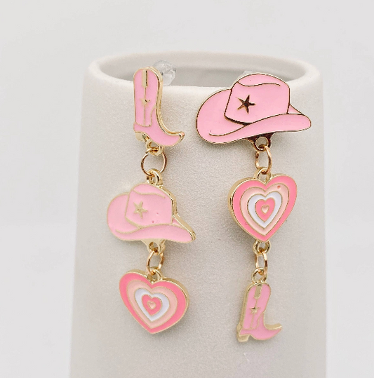 Western Cowboy Hat, Heart & Boots Dangle Earrings