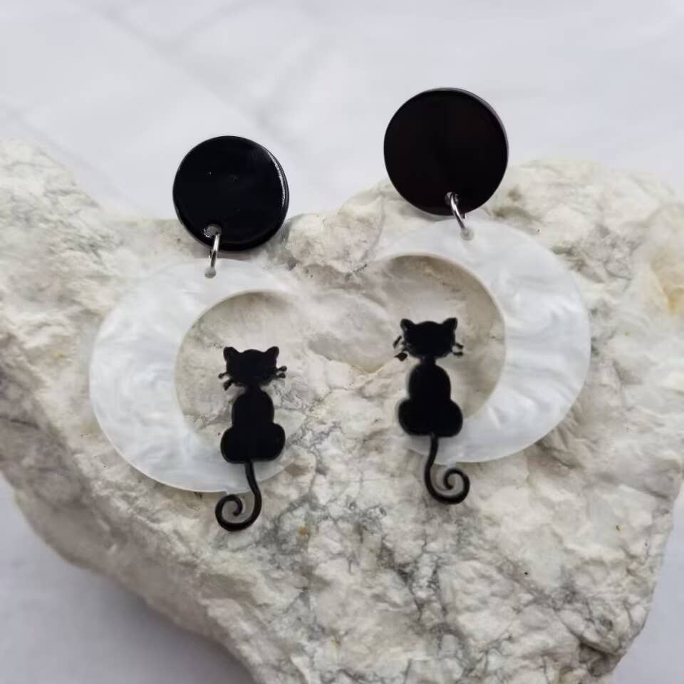 Black Cat on Moon Circle Earrings