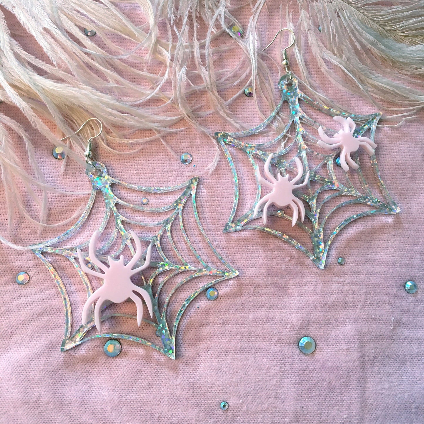 Pink Spiders on a Web Earrings