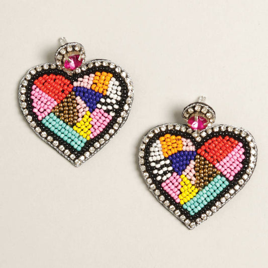 Large Colorful Beaded Heart Earrings