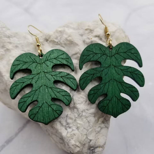 Tropical Leaf Wooden Earrings