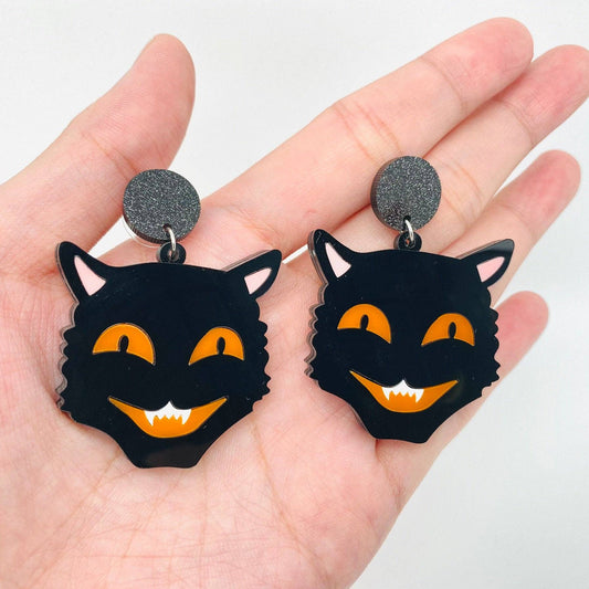 black cat halloween head earrings