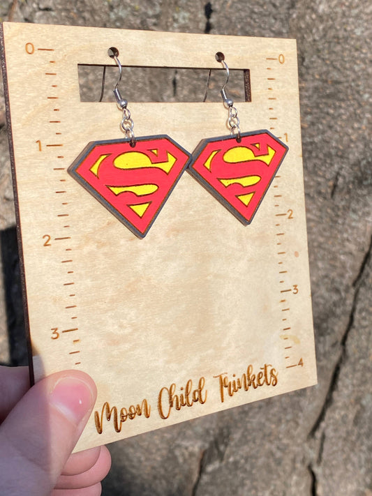 Wooden Superman Earrings