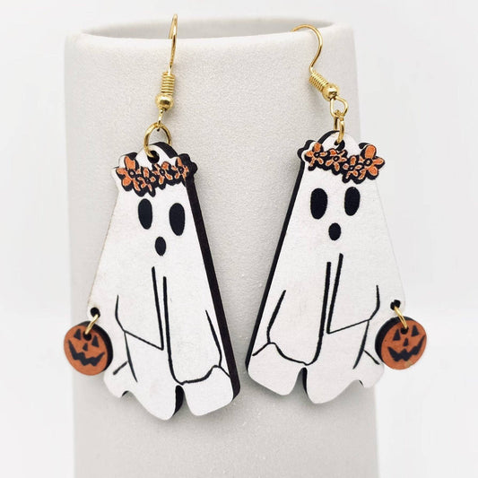 Flower Crown Ghost Wooden Earrings