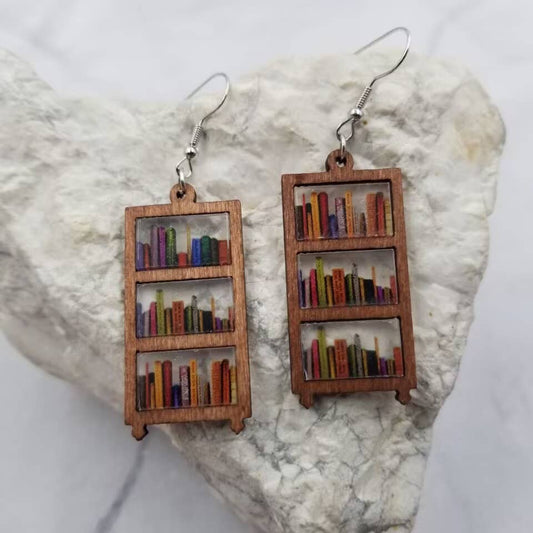 Wooden Bookshelf Earrings