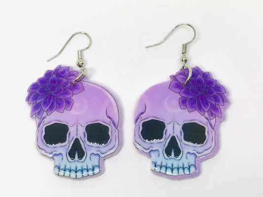 Purple Floral Skull Earrings