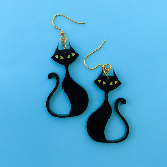 Retro Curvy Black Cat Earrings