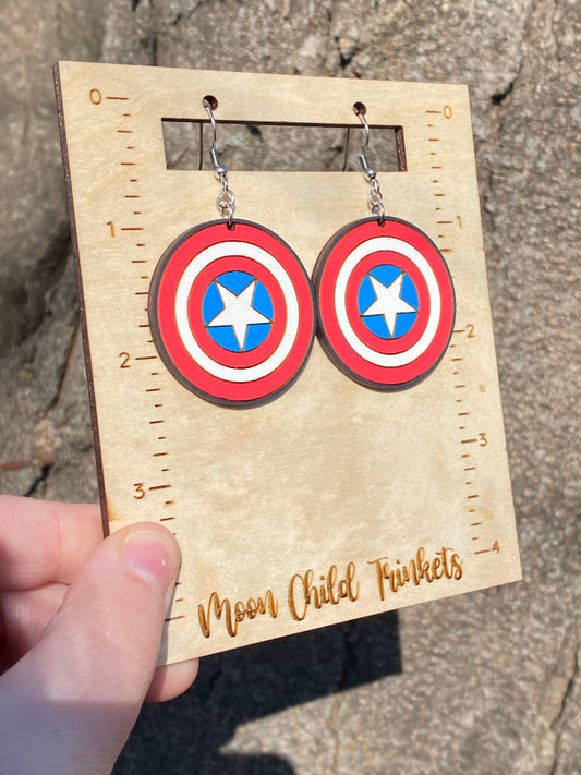 Wooden Captain America Shield Earrings