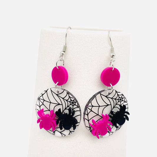 Pink & Black Spider Circle Earrings