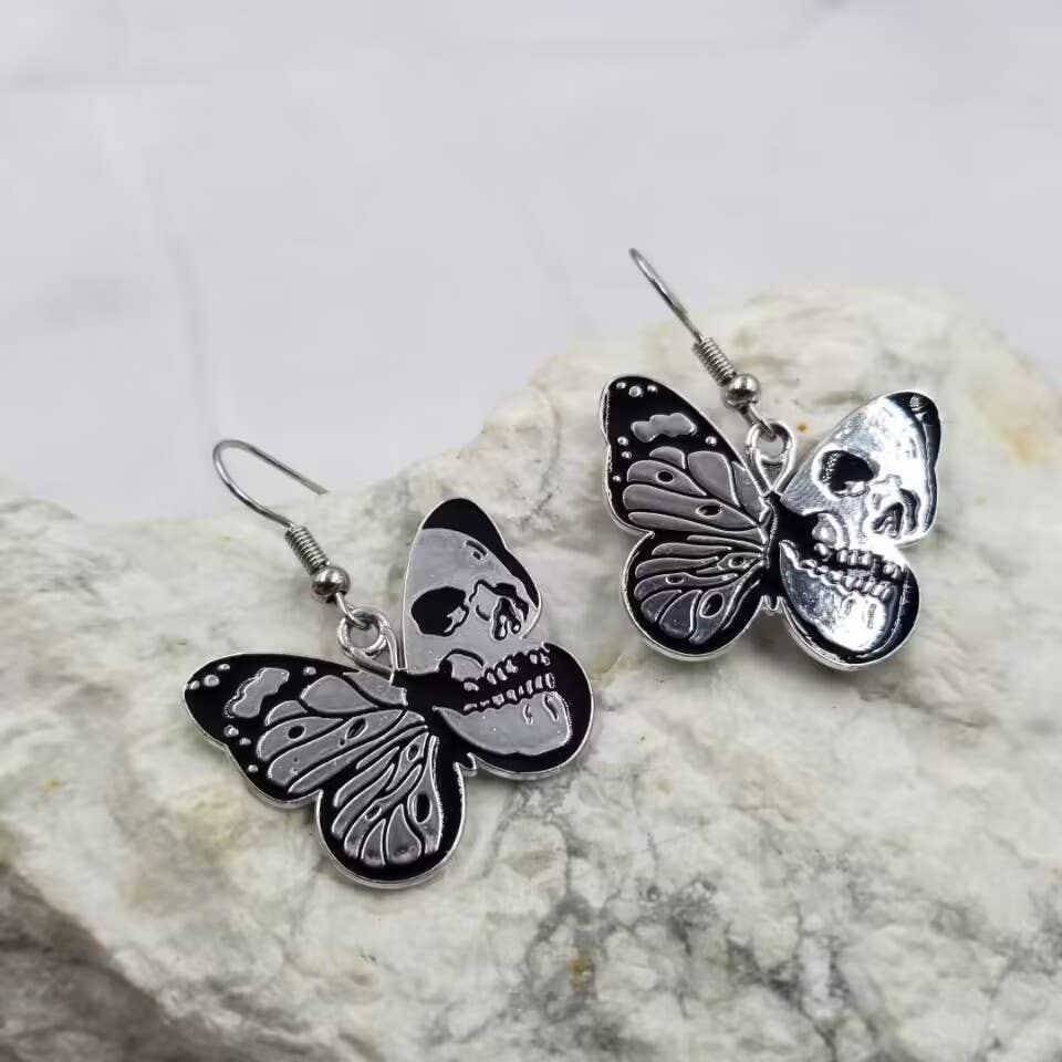 Silver Skull Butterfly Earrings