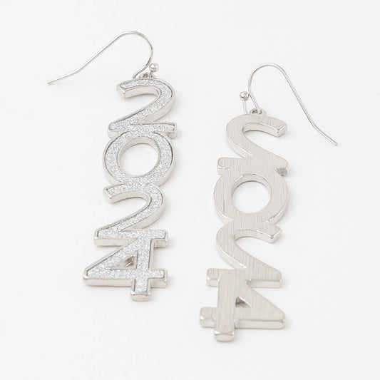 silver 2024 new years earrings front and back