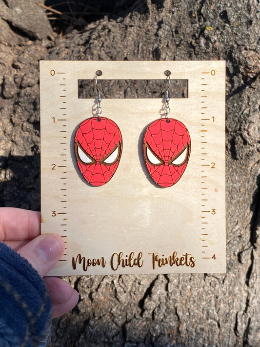 Wooden Spiderman Head Earrings