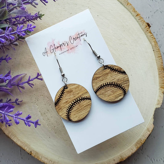 Wooden Baseball Earrings