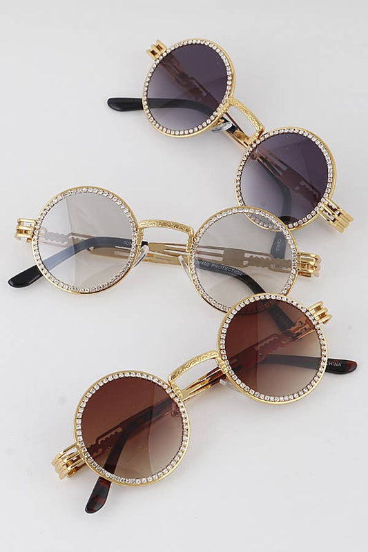 Vintage Rhinestone Embedded Round Sunglasses