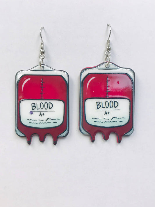 blood bag with a+ blood earrings