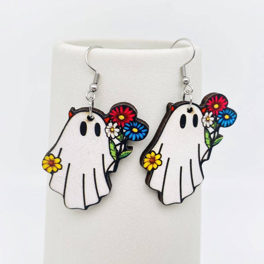 ghost holding flower bouquet halloween earrings