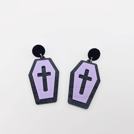 Purple Cross Coffin Earrings