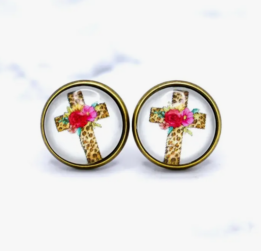 Leopard Floral Cross Stud Earrings